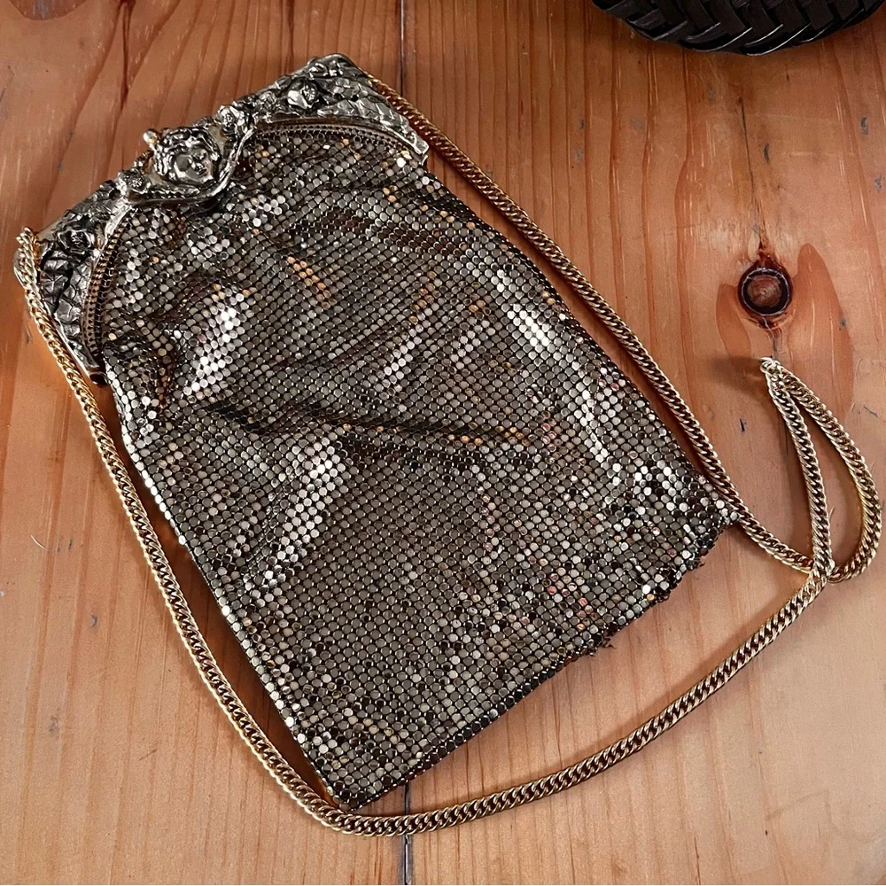 Vintage Whiting and Davis Face Flower Mesh Gold Purse Shoulder Bag Rare Chain - Picture 3 of 16